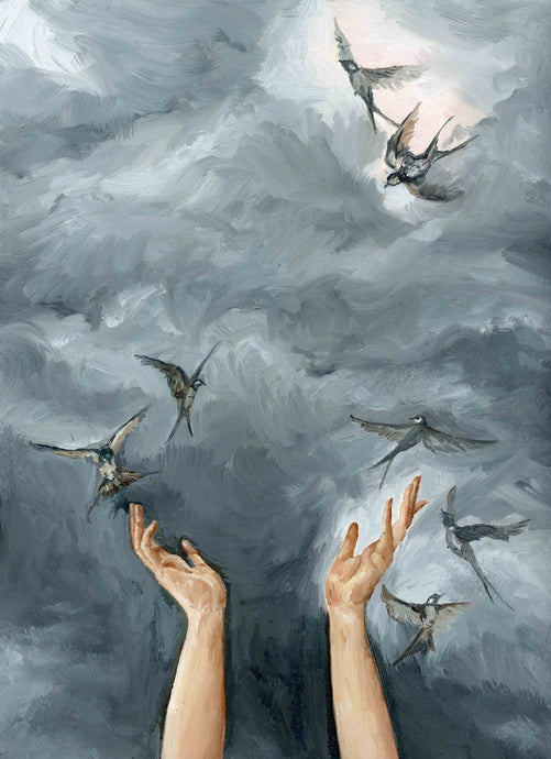 oil painting of birds and hands