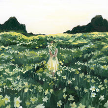 Load image into Gallery viewer, Close up of the oil painting of the girl holding daffodils. You can see the messy lines and details of the oil paints and the star shaped flowers.
